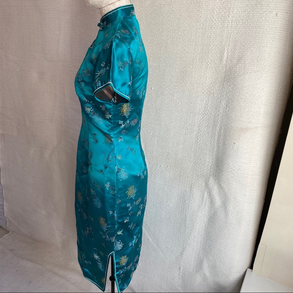 Vintage 6 Asian Print Satin Midi Dress Blue Green - Picture 6 of 8
